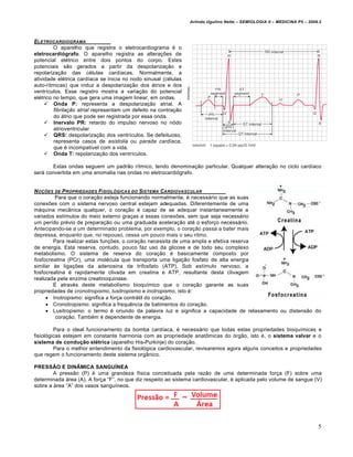 Arlindo Ugulino Netto – SEMIOLOGIA II – MEDICINA P5 – 2009.2



ELETROCARDIOGRAMA
         O aparelho que registra o eletrocardiograma … o
eletrocardiógrafo. O aparelho registra as altera‚Œes de
potencial el…trico entre dois pontos do corpo. Estes
potenciais sƒo gerados a partir da despolariza‚ƒo e
repolariza‚ƒo das c…lulas card‰acas. Normalmente, a
atividade el…trica card‰aca se inicia no nodo sinusal (c…lulas
auto-r‰tmicas) que induz a despolariza‚ƒo dos ˆtrios e dos
ventr‰culos. Esse registro mostra a varia‚ƒo do potencial
el…trico no tempo, que gera uma imagem linear, em ondas.
      Onda P: representa a despolariza‚ƒo atrial. A
         fibrilação atrial representam um defeito na contra‚ƒo
         do ˆtrio que pode ser registrada por essa onda.
      Inervalo PR: retardo do impulso nervoso no n•do
         atrioventricular
      QRS: despolariza‚ƒo dos ventr‰culos. Se defeituoso,
         representa casos de asistolia ou parada cardíaca,
         que … incompat‰vel com a vida.
      Onda T: repolariza‚ƒo dos ventr‰culos.

       Estas ondas seguem um padrƒo r‰tmico, tendo denomina‚ƒo particular. Qualquer altera‚ƒo no ciclo card‰aco
serˆ convertida em uma anomalia nas ondas no eletrocardi•grafo.


N O•‚ES  DE P ROPRIEDADES FISIOL‡GICAS DO SISTEMA CARDIOVASCULAR
         Para que o cora‚ƒo esteja funcionando normalmente, … necessˆrio que as suas
conexŒes com o sistema nervoso central estejam adequadas. Diferentemente de uma
mˆquina mec‡nica qualquer, o cora‚ƒo … capaz de se adequar instantaneamente a
variados est‰mulos do meio externo gra‚as a essas conexŒes, sem que seja necessˆrio
um per‰do pr…vio de prepara‚ƒo ou uma graduada acelera‚ƒo at… o esfor‚o necessˆrio.
Antecipando-se a um determinado problema, por exemplo, o cora‚ƒo passa a bater mais
depressa, enquanto que, no repouso, cessa um pouco mais o seu ritmo.
        Para realizar estas fun‚Œes, o cora‚ƒo necessita de uma ampla e efetiva reserva
de energia. Esta reserva, contudo, pouco faz uso da glicose e de todo seu complexo
metabolismo. O sistema de reserva do cora‚ƒo … basicamente composto por
fosfocreatina (PCr), uma mol…cula que transporta uma liga‚ƒo fosfato de alta energia
similar €s liga‚Œes da adenosina de trifosfato (ATP). Sob est‰mulo nervoso, a
fosfocreatina … rapidamente clivada em creatina e ATP, resultante desta clivagem
realizada pela enzima creatinoquinase.
        • atrav…s deste metabolismo bioqu‰mico que o cora‚ƒo garante as suas
propriedades de cronotropismo, lusitropismo e inotropismo, isto …:
      Inotropismo: significa a for‚a contrˆtil do cora‚ƒo.
      Cronotropismo: significa a frequ„ncia de batimentos do cora‚ƒo.
      Lusitropismo: o termo … oriundo da palavra luz e significa a capacidade de relaxamento ou distensƒo do
         cora‚ƒo. Tamb…m … dependente de energia.

         Para o ideal funcionamento da bomba card‰aca, … necessˆrio que todas estas propriedades bioqu‰micas e
fisiol•gicas estejam em constante harmonia com as propriedade anat‹micas do •rgƒo, isto …, o sistema valvar e o
sistema de condução elétrica (aparelho His-Purkinje) do cora‚ƒo.
         Para o melhor entendimento da fisiol•gica cardiovascular, revisaremos agora alguns conceitos e propriedades
que regem o funcionamento deste sistema org‡nico.

PRESSÃO E DINÂMICA SANGUÍNEA
        A pressƒo (P) … uma grandeza f‰sica conceituada pela razƒo de uma determinada for‚a (F) sobre uma
determinada ˆrea (A). A for‚a “F”, no que diz respeito ao sistema cardiovascular, … aplicada pelo volume de sangue (V)
sobre a ˆrea “A” dos vasos sangu‰neos.




                                                                                                                           5
 