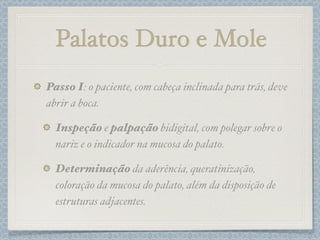 Palatos Duro e Mole
Passo I: o paciente, com cabeça inclinada para trás, deve
abrir a boca.
Inspeção e palpação bidigital, com polegar sobre o
nariz e o indicador na mucosa do palato.
Determinação da aderência, queratinização,
coloração da mucosa do palato, além da disposição de
estruturas adjacentes.
 