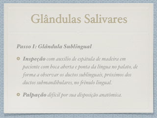 Passo I: Glândula Sublingual
Inspeção com auxílio de espátula de madeira em
paciente com boca aberta e ponta da língua no palato, de
forma a observar os ductos sublinguais, próximos dos
ductos submandibulares, no #ênulo lingual.
Palpação difícil por sua disposição anatômica.
Glândulas Salivares
 