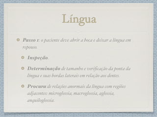 Língua
Passo 1: o paciente deve abrir a boca e deixar a língua em
repouso.
Inspeção.
Determinação de tamanho e veriﬁcação da ponta da
língua e suas bordas laterais em relação aos dentes.
Procura de relações anormais da língua com regiões
adjacentes: microglossia, macroglossia, aglossia,
anquiloglossia.
 