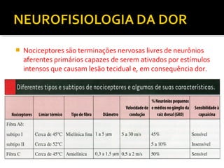  Nociceptores são terminações nervosas livres de neurônios
aferentes primários capazes de serem ativados por estímulos
intensos que causam lesão tecidual e, em consequência dor.
 