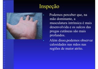 Inspeção
• Podemos perceber que, na
mão dominante, a
musculatura intrínsica é mais
desenvolvida e os sulcos das
pregas cutâneas são mais
profundos.
• Além disso,podemos observar
calosidades nas mãos nas
regiões de maior atrito.
 