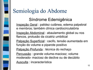 Semiologia do Abdome
Síndrome Edemigênica
Inspeção Geral : palidez cutânea, edema palpebral
e membros; também clínica cardiocirculatória
Inspeção Abdominal : abaulamento global ou nos
flancos, protusão da cicatriz umbilical
Palpação Superficial : cacifo, tensão aumentada em
função do volume e piparote positivo
Palpação Profunda : técnica do rechaço
Percussão : grande volume-macicez; volume
moderado- macicez de declive ou de decúbito
Ausculta : incaracterística
12

 