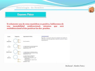 Si solamente una de estas maniobras es positiva, hablaremos de
una inestabilidad unidireccional, mientras que será
multidireccional al dar positivas las dos pruebas.
Rockwood – Hombro Tomo 1
 