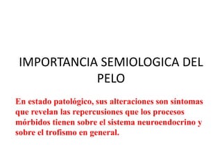 IMPORTANCIA SEMIOLOGICA DEL
PELO
En estado patológico, sus alteraciones son síntomas
que revelan las repercusiones que los procesos
mórbidos tienen sobre el sistema neuroendocrino y
sobre el trofismo en general.
 