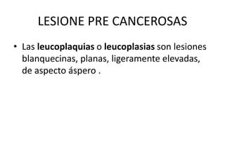 LESIONE PRE CANCEROSAS
• Las leucoplaquias o leucoplasias son lesiones
blanquecinas, planas, ligeramente elevadas,
de aspecto áspero .
 