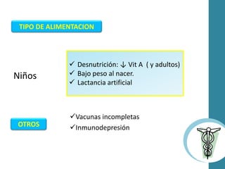 Niños
Vacunas incompletas
Inmunodepresión
TIPO DE ALIMENTACION
 Desnutrición: ↓ Vit A ( y adultos)
 Bajo peso al nacer.
 Lactancia artificial
OTROS
 