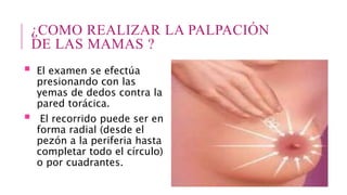 ¿COMO REALIZAR LA PALPACIÓN
DE LAS MAMAS ?
 El examen se efectúa
presionando con las
yemas de dedos contra la
pared torácica.
 El recorrido puede ser en
forma radial (desde el
pezón a la periferia hasta
completar todo el círculo)
o por cuadrantes.
 