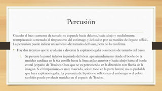 Percusión
Cuando el bazo aumenta de tamaño se expande hacia delante, hacia abajo y medialmente,
reemplazando a menudo el timpanismo del estómago y del colon por su matidez de órgano sólido.
La percusión puede indicar un aumento del tamaño del bazo, pero no lo confirma.
• Hay dos técnicas que le ayudarán a detectar la esplenomegalia o aumento de tamaño del bazo:
1. Se percute la pared inferior izquierda del tórax aproximadamente desde el borde de la
matidez cardíaca en la 6.a costilla hasta la línea axilar anterior y hacia abajo hasta el borde
costal (espacio de Traube). Ósea que se va percutiendo en la dirección con flecha de la
imagen. Si el timpanismo es muy marcado, sobre todo en la parte lateral, no es probable
que haya esplenomegalia. La presencia de líquidos o sólidos en el estómago o el colon
también puede producir matidez en el espacio de Traube.
 
