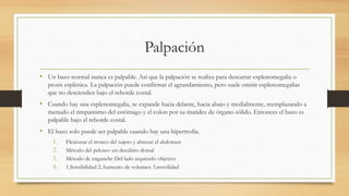 Palpación
• Un bazo normal nunca es palpable. Así que la palpación se realiza para descartar esplenomegalia o
ptosis esplénica. La palpación puede confirmar el agrandamiento, pero suele omitir esplenomegalias
que no descienden bajo el reborde costal.
• Cuando hay una esplenomegalia, se expande hacia delante, hacia abajo y medialmente, reemplazando a
menudo el timpanismo del estómago y el colon por su matidez de órgano sólido. Entonces el bazo es
palpable bajo el reborde costal.
• El bazo solo puede ser palpable cuando hay una hipertrofia.
1. Flexionar el tronco del sujeto y abrazar el abdomen
2. Método del peloteo :en decúbito dorsal
3. Método de enganche Del lado izquierdo objetivo
4. 1.Sensibilidad 2.Aumento de volumen 3.movilidad
 