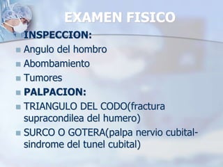 EXAMEN FISICO
 INSPECCION:
 Angulo del hombro
 Abombamiento
 Tumores
 PALPACION:
 TRIANGULO DEL CODO(fractura
supracondilea del humero)
 SURCO O GOTERA(palpa nervio cubital-
sindrome del tunel cubital)
 