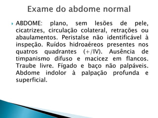  ABDOME: plano, sem lesões de pele,
cicatrizes, circulação colateral, retrações ou
abaulamentos. Peristalse não identificável à
inspeção. Ruídos hidroaéreos presentes nos
quatros quadrantes (+/IV). Ausência de
timpanismo difuso e macicez em flancos.
Traube livre. Fígado e baço não palpáveis.
Abdome indolor à palpação profunda e
superficial.
 