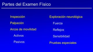 Partes del Examen Físico
Inspección
Palpación
Arcos de movilidad
Activos
Pasivos
Exploración neurológica
Fuerza
Reflejos
Sensibilidad
Pruebas especiales
 