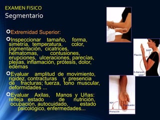 EXAMEN FISICO
Segmentario
Extremidad Superior:
Inspeccionar tamaño, forma,
simetría, temperatura, color,
pigmentación, cicatrices,
hematomas, contusiones,
erupciones, ulceraciones, parecías,
plejias, inflamación, prótesis, dolor,
edemas
Evaluar amplitud de movimiento,
rigidez, contracturas y presencia
de fracturas; fuerza, tono muscular,
deformidades ...
Evaluar Axilas, Manos y Uñas:
refleja estado de nutrición,
ocupación, autocuidado, estado
psicológico, enfermedades...
 
