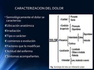 CARACTERIZACION DEL DOLOR
• Semiológicamente el dolor se
caracteriza:
Ubicación anatómica
Irradiación
Tipo o carácter
comienzo o evolución
Factores que lo modifican
Actitud del enfermo
Síntomas acompañantes.
 