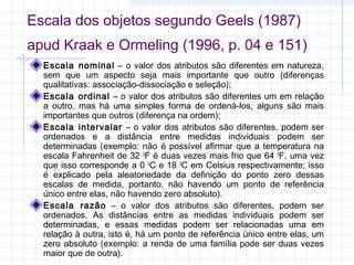 Escala dos objetos segundo Geels (1987)
apud Kraak e Ormeling (1996, p. 04 e 151)
Escala nominal – o valor dos atributos são diferentes em natureza,
sem que um aspecto seja mais importante que outro (diferenças
qualitativas: associação-dissociação e seleção);
Escala ordinal – o valor dos atributos são diferentes um em relação
a outro, mas há uma simples forma de ordená-los, alguns são mais
importantes que outros (diferença na ordem);
Escala intervalar – o valor dos atributos são diferentes, podem ser
ordenados e a distância entre medidas individuais podem ser
determinadas (exemplo: não é possível afirmar que a temperatura na
escala Fahrenheit de 32 0F é duas vezes mais frio que 64 0F, uma vez
que isso corresponde a 0 0C e 18 0C em Celsius respectivamente; isso
é explicado pela aleatoriedade da definição do ponto zero dessas
escalas de medida, portanto, não havendo um ponto de referência
único entre elas, não havendo zero absoluto).
Escala razão – o valor dos atributos são diferentes, podem ser
ordenados. As distâncias entre as medidas individuais podem ser
determinadas, e essas medidas podem ser relacionadas uma em
relação à outra, isto é, há um ponto de referência único entre elas, um
zero absoluto (exemplo: a renda de uma família pode ser duas vezes
maior que de outra).

 