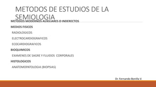 METODOS DE ESTUDIOS DE LA
SEMIOLOGIA
METODOS MODERNOS AUXILIARES O INDERECTOS
MEDIOS FISICOS
RADIOLOGICOS
ELECTROCARDIOGRAFICOS
ECOCARDIOGRAFICOS
BIOQUIMICOS
EXAMENES DE SAGRE Y FLUIDOS CORPORALES
HISTOLOGICOS
ANATOMOPATOLOGIA (BIOPSIAS)
Dr. Fernando Bonilla V.
 