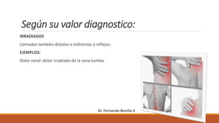 Según su valor diagnostico:
IRRADIADOS
Llamados también distales o indirectos o reflejos.
EJEMPLOS:
Dolor renal: dolor irradiado de la zona lumbar
Dr. Fernando Bonilla V.
 