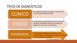 TIPOS DE DIGNOSTICOS
• Es realizado en base a los signos y síntomas de
una enfermedad determinada
CLINICO
• Es aquel que es obtenido por examen físico de
paciente, empleando técnicas de inspección,
palpación, percusión y auscultación.
FISICO
DIFERENCIAL Es el que se determina cual de los 2 o mas
enfermedades o manifestaciones clínicas similares
es l que padece el paciente.
Dr. Fernando Bonilla V.
 