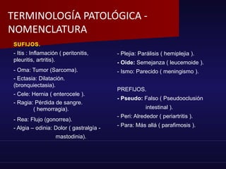 SUFIJOS.
- Itis : Inflamación ( peritonitis,
pleuritis, artritis).
- Oma: Tumor (Sarcoma).
- Ectasia: Dilatación.
(bronquiectasia).
- Cele: Hernia ( enterocele ).
- Ragia: Pérdida de sangre.
( hemorragia).
- Rea: Flujo (gonorrea).
- Algia – odinia: Dolor ( gastralgía -
mastodinia).
- Plejia: Parálisis ( hemiplejia ).
- Oide: Semejanza ( leucemoide ).
- Ismo: Parecido ( meningismo ).
PREFIJOS.
- Pseudo: Falso ( Pseudooclusión
intestinal ).
- Peri: Alrededor ( periartritis ).
- Para: Más allá ( parafimosis ).
TERMINOLOGÍA PATOLÓGICA -
NOMENCLATURA
 