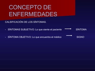 CALSIFICACIÓN DE LOS SÍNTOMAS.
- SÍNTOMAS SUBJETIVO: Lo que siente el paciente SÍNTOMA
- SÍNTOMA OBJETIVO: Lo que encuentra el médico SIGNO
CONCEPTO DE
ENFERMEDADES
 