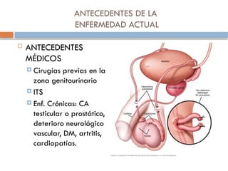ANTECEDENTES DE LA
ENFERMEDAD ACTUAL
 ANTECEDENTES
MÉDICOS
 Cirugías previas en la
zona genitourinario
 ITS
 Enf. Crónicas: CA
testicular o prostático,
deterioro neurológico
vascular, DM, artritis,
cardiopatías.
 