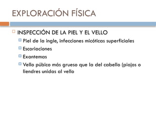 EXPLORACIÓN FÍSICA
 INSPECCIÓN DE LA PIEL Y EL VELLO
 Piel de la ingle, infecciones micóticas superficiales
 Escoriaciones
 Exantemas
 Vello púbico más grueso que la del cabello (piojos o
liendres unidas al vello
 