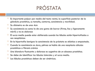 PRÓSTATA
 Es importante palpar por medio del tacto rectal, la superficie posterior de la
glándula prostática, su tamaño, contorno, consistencia y movilidad.
 Su diámetro es de unos 4cm
 Su consistencia es como la de una goma de borrar (firme, lisa y ligeramente
móvil) y no es dolorosa
 El surco medio puede estar obliterado cuando los lóbulos están hipertrofiados o
son neoplásicos
 En la hipertrofia benigna la consistencia de la próstata es elástica o empastada.
 Cuando la consistencia es dura, pétrea se habla de una neoplasia cálculos
prostáticos o fibrosis crónica
 Una blandura fluctuante y dolorosa es sugestiva de un absceso prostático.
 Se debe de identificar los lóbulos laterales y el surco medio.
 Los lóbulos prostáticos deben de ser simétricos.
 