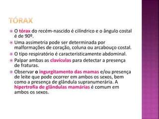  O tórax do recém-nascido é cilíndrico e o ângulo costal
é de 90º.
 Uma assimetria pode ser determinada por
malformações de coração, coluna ou arcabouço costal.
 O tipo respiratório é caracteristicamente abdominal.
 Palpar ambas as clavículas para detectar a presença
de fraturas.
 Observar o ingurgitamento das mamas e/ou presença
de leite que pode ocorrer em ambos os sexos, bem
como a presença de glândula supranumerária. A
hipertrofia de glândulas mamárias é comum em
ambos os sexos.
 