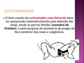  O bom estado das articulações coxo-femurais deve
ser pesquisado sistematicamente pela abdução das
coxas, tendo as pernas fletidas (manobra de
Ortolani), e pela pesquisa de assimetria de pregas da
face posterior das coxas e subglúteas.
 