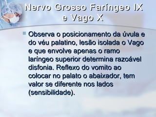 Nervo Grosso Faríngeo IXNervo Grosso Faríngeo IX
e Vago Xe Vago X
 Observa o posicionamento da úvula eObserva o posicionamento da úvula e
do véu palatino, lesão isolada o Vagodo véu palatino, lesão isolada o Vago
e que envolve apenas o ramoe que envolve apenas o ramo
laríngeo superior determina razoávellaríngeo superior determina razoável
disfonia. Reflexo do vomito aodisfonia. Reflexo do vomito ao
colocar no palato o abaixador, temcolocar no palato o abaixador, tem
valor se diferente nos ladosvalor se diferente nos lados
(sensibilidade).(sensibilidade).
 