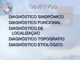 OBJETIVOSOBJETIVOS
DIAGNÓSTICO SINDRÔMICODIAGNÓSTICO SINDRÔMICO
DIAGNÓSTICO FUNCIONALDIAGNÓSTICO FUNCIONAL
DIAGNÓSTICO DEDIAGNÓSTICO DE
LOCALIZAÇAOLOCALIZAÇAO
DIAGNÓSTICO TOPOGRAFIODIAGNÓSTICO TOPOGRAFIO
DIAGNÓSTICO ETIOLÓGICODIAGNÓSTICO ETIOLÓGICO
 