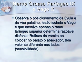 Nervo Grosso Faríngeo IXNervo Grosso Faríngeo IX
e Vago Xe Vago X
 Observa o posicionamento da úvula eObserva o posicionamento da úvula e
do véu palatino, lesão isolada o Vagodo véu palatino, lesão isolada o Vago
e que envolve apenas o ramoe que envolve apenas o ramo
laríngeo superior determina razoávellaríngeo superior determina razoável
disfonia. Reflexo do vomito aodisfonia. Reflexo do vomito ao
colocar no palato o abaixador, temcolocar no palato o abaixador, tem
valor se diferente nos ladosvalor se diferente nos lados
(sensibilidade).(sensibilidade).
 