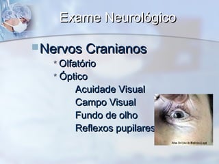 Exame NeurológicoExame Neurológico
Nervos CranianosNervos Cranianos
** OlfatórioOlfatório
** ÓpticoÓptico
Acuidade VisualAcuidade Visual
Campo VisualCampo Visual
Fundo de olhoFundo de olho
Reflexos pupilaresReflexos pupilares
 