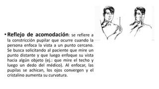 •Reflejo de acomodación: se refiere a
la constricción pupilar que ocurre cuando la
persona enfoca la vista a un punto cercano.
Se busca solicitando al paciente que mire un
punto distante y que luego enfoque su vista
hacia algún objeto (ej.: que mire el techo y
luego un dedo del médico). Al enfocar, las
pupilas se achican, los ojos convergen y el
cristalino aumenta su curvatura.
 
