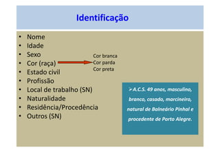 Identificação
• Nome
• Idade
• Sexo
• Cor (raça)
• Estado civil
• Profissão
• Local de trabalho (SN)
• Naturalidade
• Residência/Procedência
• Outros (SN)
Cor branca
Cor parda
Cor preta
A.C.S. 49 anos, masculino,
branco, casado, marcineiro,
natural de Balneário Pinhal e
procedente de Porto Alegre.
 