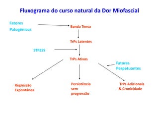 Fluxograma do curso natural da Dor Miofascial
Fatores
Patogênicos
Banda Tensa
TrPs Latentes
TrPs Ativos
Persistência
sem
progressão
Regressão
Expontânea
TrPs Adicionais
& Cronicidade
STRESS
Fatores
Perpetuantes
 