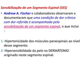 Sensibilização de um Segmento Espinal (SES)
• Andrew A. Fischer e colaboradores observaram e
documentaram que uma condição de dor crônica
com dor referida é acompanhada pela
sensibilização de um segmento espinal, o que inclui
:
1- Hipertonicidade dos músculos paraespinais ao nível
desse segmento.
2- Hipersensibilidade da pele no DERMÁTOMO
originado neste segmento espinal.
 