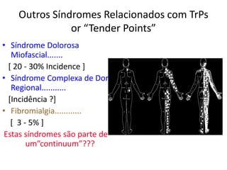 Outros Síndromes Relacionados com TrPs
or “Tender Points”
• Síndrome Dolorosa
Miofascial.......
[ 20 - 30% Incidence ]
• Síndrome Complexa de Dor
Regional...........
[Incidência ?]
• Fibromialgia............
[ 3 - 5% ]
Estas síndromes são parte de
um”continuum”???
 