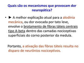 Quais são os mecanismos que provocam dor
neuropática?
• ► A melhor explicação atual para a alodínia
mecânica, ou dor evocada por tato leve,
envolve o brotamento de fibras táteis centrais
tipo A-beta dentro das camadas nociceptivas
superficiais do corno posterior da medula.
Portanto, a ativação das fibras táteis resulta no
disparo de neurônios nociceptivos.
 