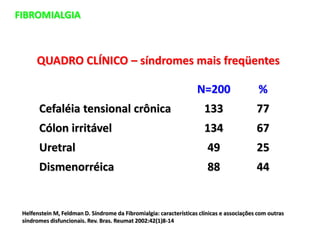 FIBROMIALGIA
QUADRO CLÍNICO – síndromes mais freqüentes
Cefaléia tensional crônica
Cólon irritável
Uretral
Dismenorréica
N=200
133
134
49
88
%
77
67
25
44
Helfenstein M, Feldman D. Síndrome da Fibromialgia: características clínicas e associações com outras
síndromes disfuncionais. Rev. Bras. Reumat 2002:42(1)8-14
 