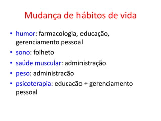 Mudança de hábitos de vida
• humor: farmacologia, educação,
gerenciamento pessoal
• sono: folheto
• saúde muscular: administração
• peso: administracão
• psicoterapia: educacão + gerenciamento
pessoal
 