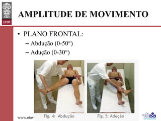 AMPLITUDE DE MOVIMENTO
•  PLANO FRONTAL:
–  Abdução (0-50°)
–  Adução (0-30°)

www.otaviomelo.com.br

 