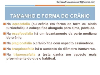  Na acrocefalia (ou crânio em forma de torre ou ainda
turricefalia) a cabeça fica alongada para cima, pontuda.
 Na escafocefalia há um levantamento da parte mediana
do crânio.
 Na plagiocefalia o crânio fica com aspecto assimétrico.
 Na braquiocefalia há o aumento do diâmetro transverso.
 Na trigonocefalia a testa ganha um aspecto mais
proeminente do que o habitual.
TAMANHO E FORMA DO CRÂNIO
Dúvidas? lucasfontesenf@hotmail.com
 