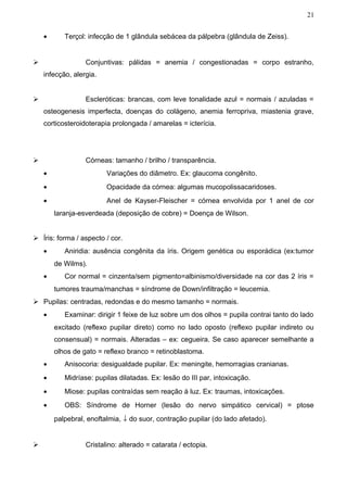 21


    •      Terçol: infecção de 1 glândula sebácea da pálpebra (glândula de Zeiss).


                 Conjuntivas: pálidas = anemia / congestionadas = corpo estranho,
    infecção, alergia.


                 Escleróticas: brancas, com leve tonalidade azul = normais / azuladas =
    osteogenesis imperfecta, doenças do colágeno, anemia ferropriva, miastenia grave,
    corticosteroidoterapia prolongada / amarelas = icterícia.




                 Córneas: tamanho / brilho / transparência.
    •                    Variações do diâmetro. Ex: glaucoma congênito.
    •                    Opacidade da córnea: algumas mucopolissacaridoses.
    •                    Anel de Kayser-Fleischer = córnea envolvida por 1 anel de cor
        laranja-esverdeada (deposição de cobre) = Doença de Wilson.


 Íris: forma / aspecto / cor.
    •      Aniridia: ausência congênita da íris. Origem genética ou esporádica (ex:tumor
        de Wilms).
    •      Cor normal = cinzenta/sem pigmento=albinismo/diversidade na cor das 2 íris =
        tumores trauma/manchas = síndrome de Down/infiltração = leucemia.
 Pupilas: centradas, redondas e do mesmo tamanho = normais.
    •      Examinar: dirigir 1 feixe de luz sobre um dos olhos = pupila contrai tanto do lado
        excitado (reflexo pupilar direto) como no lado oposto (reflexo pupilar indireto ou
        consensual) = normais. Alteradas – ex: cegueira. Se caso aparecer semelhante a
        olhos de gato = reflexo branco = retinoblastoma.
    •      Anisocoria: desigualdade pupilar. Ex: meningite, hemorragias cranianas.
    •      Midríase: pupilas dilatadas. Ex: lesão do III par, intoxicação.
    •      Miose: pupilas contraídas sem reação à luz. Ex: traumas, intoxicações.
    •      OBS: Síndrome de Horner (lesão do nervo simpático cervical) = ptose
        palpebral, enoftalmia, ↓ do suor, contração pupilar (do lado afetado).


                 Cristalino: alterado = catarata / ectopia.
 