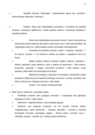 22



                 Aparelho lacrimal: inflamação = dacrioadenite aguda (ex: caxumba /
    mononucleose infecciosa / sarampo).




                 Orelhas: Altura das implantações auriculares / anomalias do pavilhão
    auricular / processos digitiformes / meato acústico externo / membrana timpânica /
    acuidade auditiva.


    •                     Altura das implantações auriculares normal = plano horizontal que
        passa pelos cantos externos dos olhos e deixa para cima 1 parte dos pavilhões. Se
        implantação baixa, Ex: malformações renais e anomalias cromossômicas.
    •                     Anomalias do pavilhão auricular: anotia = ausência, macrotia = ↑
        do volume, microtia = ↓ do tamanho, orelhas em abano = projeção p/ fora e p/
        frente.
    •                     Meato acústico externo (conduto auditivo externo): otoscopia =
        atresia, estenose, corpo estranho, rubor e edema do tegumento = otite externa,
        furúnculos, vesículas = herpes, corrimento purulento = otite externa, corpo
        estranho, otite média com perfuração do tímpano.
    •                     Membrana timpânica: otoscopia: acinzentada, translúcida e deixa
        perceber o reflexo da luz do aparelho (triângulo luminoso) = normal; vermelha, sem
        brilho e atenua-se o triângulo luminoso = otite média.
    •                     Surdez – Ex: rubéola, anóxia perinatal.


 Nariz: forma / batimento / cavidades nasais
    •      Pontilhado amarelo claro (pápulas diminutas = hiperplasia das glândulas
        sebáceas) no RN = milium facial.
    •      Batimento = dispnéia intensa = pneumopatias agudas.
    •      Examinar      com   espéculo    bivalvular:   cor   da   mucosa   (normal,   pálida,
        congestionada), septo (perfurado – infecção, desviado – trauma) e conchas
        (formações anormais, ulcerações, pólipos – fibrose cística, tumores, muco –
        infecções, sangue – sinusite, pus, crostas corpos estranhos).
 