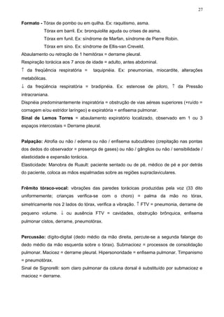 27


Formato - Tórax de pombo ou em quilha. Ex: raquitismo, asma.
           Tórax em barril. Ex: bronquiolite aguda ou crises de asma.
           Tórax em funil. Ex: síndrome de Marfan, síndrome de Pierre Robin.
           Tórax em sino. Ex: síndrome de Ellis-van Creveld.
Abaulamento ou retração de 1 hemitórax = derrame pleural.
Respiração torácica aos 7 anos de idade = adulto, antes abdominal.
↑ da freqüência respiratória =      taquipnéia. Ex: pneumonias, miocardite, alterações
metabólicas.
↓ da freqüência respiratória = bradipnéia. Ex: estenose de piloro, ↑ da Pressão
intracraniana.
Dispnéia predominantemente inspiratória = obstrução de vias aéreas superiores (+ruído =
cornagem e/ou estridor laríngeo) e expiratória = enfisema pulmonar.
Sinal de Lemos Torres = abaulamento expiratório localizado, observado em 1 ou 3
espaços intercostais = Derrame pleural.


Palpação: Atrofia ou não / edema ou não / enfisema subcutâneo (crepitação nas pontas
dos dedos do observador = presença de gases) ou não / gânglios ou não / sensibilidade /
elasticidade e expansão torácica.
Elasticidade: Manobra de Ruault: paciente sentado ou de pé, médico de pé e por detrás
do paciente, coloca as mãos espalmadas sobre as regiões supraclaviculares.


Frêmito tóraco-vocal: vibrações das paredes torácicas produzidas pela voz (33 dito
uniformemente; crianças verifica-se com o choro) = palma da mão no tórax,
simetricamente nos 2 lados do tórax, verifica a vibração. ↑ FTV = pneumonia, derrame de
pequeno volume. ↓ ou ausência FTV = cavidades, obstrução brônquica, enfisema
pulmonar cistos, derrame, pneumotórax.


Percussão: dígito-digital (dedo médio da mão direita, percute-se a segunda falange do
dedo médio da mão esquerda sobre o tórax). Submacicez = processos de consolidação
pulmonar. Macicez = derrame pleural. Hipersonoridade = enfisema pulmonar. Timpanismo
= pneumotórax.
Sinal de Signorelli: som claro pulmonar da coluna dorsal é substituído por submacicez e
macicez = derrame.
 