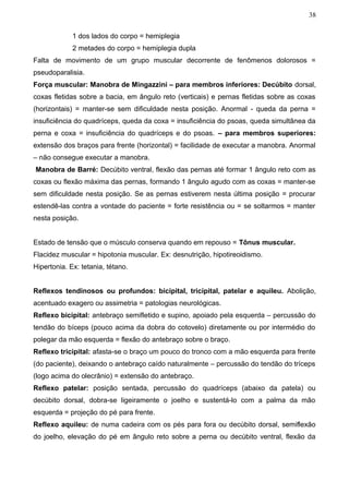 38


             1 dos lados do corpo = hemiplegia
             2 metades do corpo = hemiplegia dupla
Falta de movimento de um grupo muscular decorrente de fenômenos dolorosos =
pseudoparalisia.
Força muscular: Manobra de Mingazzini – para membros inferiores: Decúbito dorsal,
coxas fletidas sobre a bacia, em ângulo reto (verticais) e pernas fletidas sobre as coxas
(horizontais) = manter-se sem dificuldade nesta posição. Anormal - queda da perna =
insuficiência do quadríceps, queda da coxa = insuficiência do psoas, queda simultânea da
perna e coxa = insuficiência do quadríceps e do psoas. – para membros superiores:
extensão dos braços para frente (horizontal) = facilidade de executar a manobra. Anormal
– não consegue executar a manobra.
Manobra de Barré: Decúbito ventral, flexão das pernas até formar 1 ângulo reto com as
coxas ou flexão máxima das pernas, formando 1 ângulo agudo com as coxas = manter-se
sem dificuldade nesta posição. Se as pernas estiverem nesta última posição = procurar
estendê-las contra a vontade do paciente = forte resistência ou = se soltarmos = manter
nesta posição.


Estado de tensão que o músculo conserva quando em repouso = Tônus muscular.
Flacidez muscular = hipotonia muscular. Ex: desnutrição, hipotireoidismo.
Hipertonia. Ex: tetania, tétano.


Reflexos tendinosos ou profundos: bicipital, tricipital, patelar e aquileu. Abolição,
acentuado exagero ou assimetria = patologias neurológicas.
Reflexo bicipital: antebraço semifletido e supino, apoiado pela esquerda – percussão do
tendão do bíceps (pouco acima da dobra do cotovelo) diretamente ou por intermédio do
polegar da mão esquerda = flexão do antebraço sobre o braço.
Reflexo tricipital: afasta-se o braço um pouco do tronco com a mão esquerda para frente
(do paciente), deixando o antebraço caído naturalmente – percussão do tendão do tríceps
(logo acima do olecrânio) = extensão do antebraço.
Reflexo patelar: posição sentada, percussão do quadríceps (abaixo da patela) ou
decúbito dorsal, dobra-se ligeiramente o joelho e sustentá-lo com a palma da mão
esquerda = projeção do pé para frente.
Reflexo aquileu: de numa cadeira com os pés para fora ou decúbito dorsal, semiflexão
do joelho, elevação do pé em ângulo reto sobre a perna ou decúbito ventral, flexão da
 