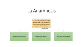 La Anamnesis
Es un dialogo intencionado,
a traves del cual el medico
busca obtener informacion
acerca del paciente.
Anamnesis proxima Anamnesis remota Revision por sistema
Se divide:
 