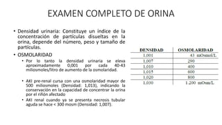 EXAMEN COMPLETO DE ORINA
• Densidad urinaria: Constituye un índice de la
concentración de partículas disueltas en la
orina, depende del número, peso y tamaño de
partículas.
• OSMOLARIDAD
• Por lo tanto la densidad urinaria se eleva
aproximadamente 0,001 por cada 40-43
miliosmoles/litro de aumento de la osmolaridad.
• AKI pre-renal cursa con una osmolaridad mayor de
500 miliosmoles (Densidad: 1,013), indicando la
conservación en la capacidad de concentrar la orina
por el riñón afectado
• AKI renal cuando ya se presenta necrosis tubular
aguda se hace < 300 mosm (Densidad: 1,007).
 